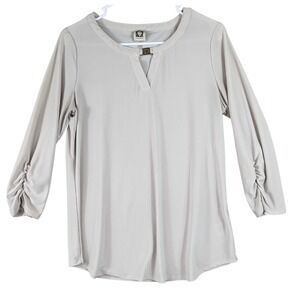 Anne‎ Klein Blouse Top Women's Medium Gray Pullover Sheer 3/4 Sleeve Logo Casual